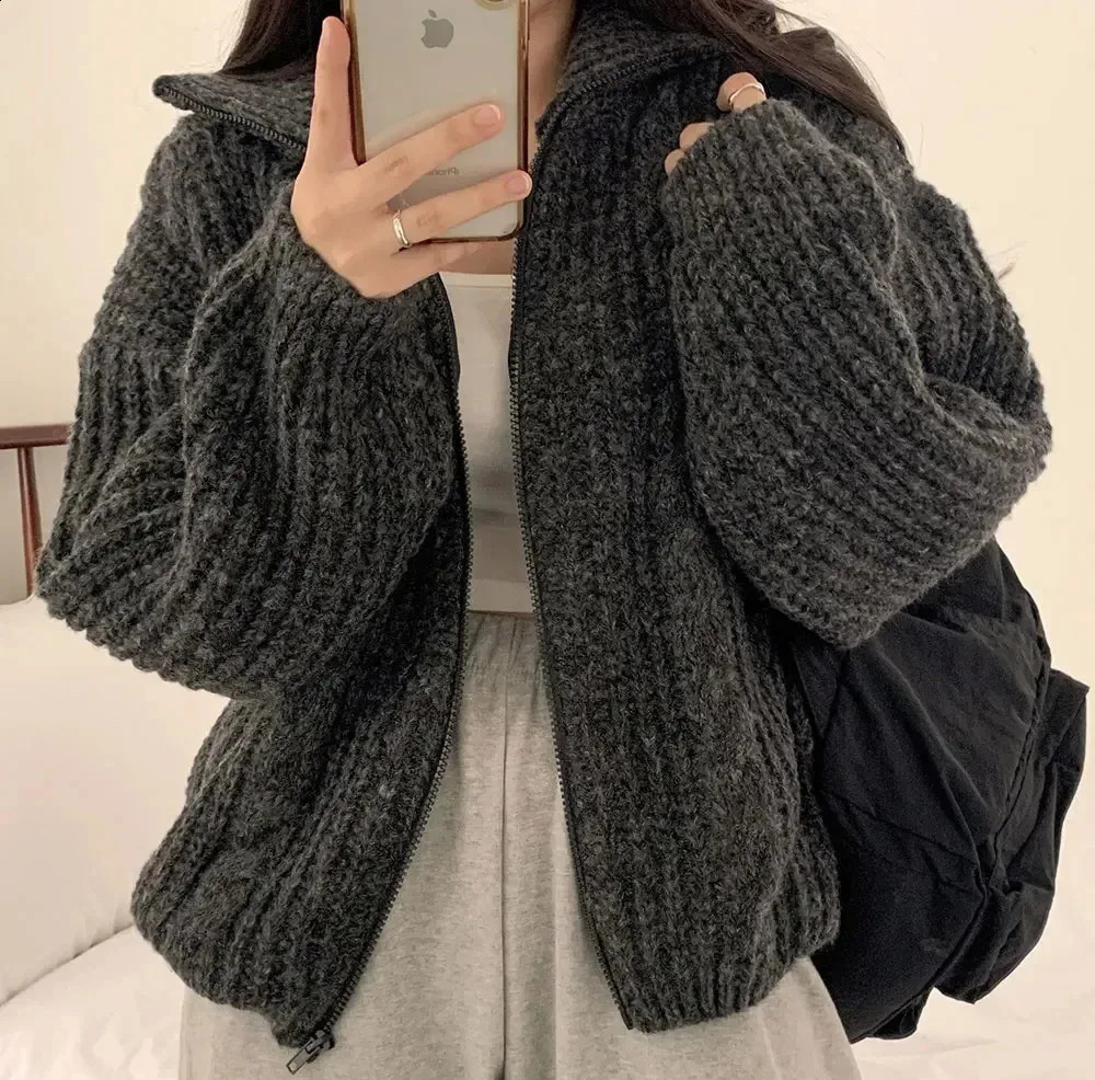 Black thick short sleeved knitted cardigan womens turtle neck autumn and winter Korean style long loose sweater jacket in 6 colors 240819