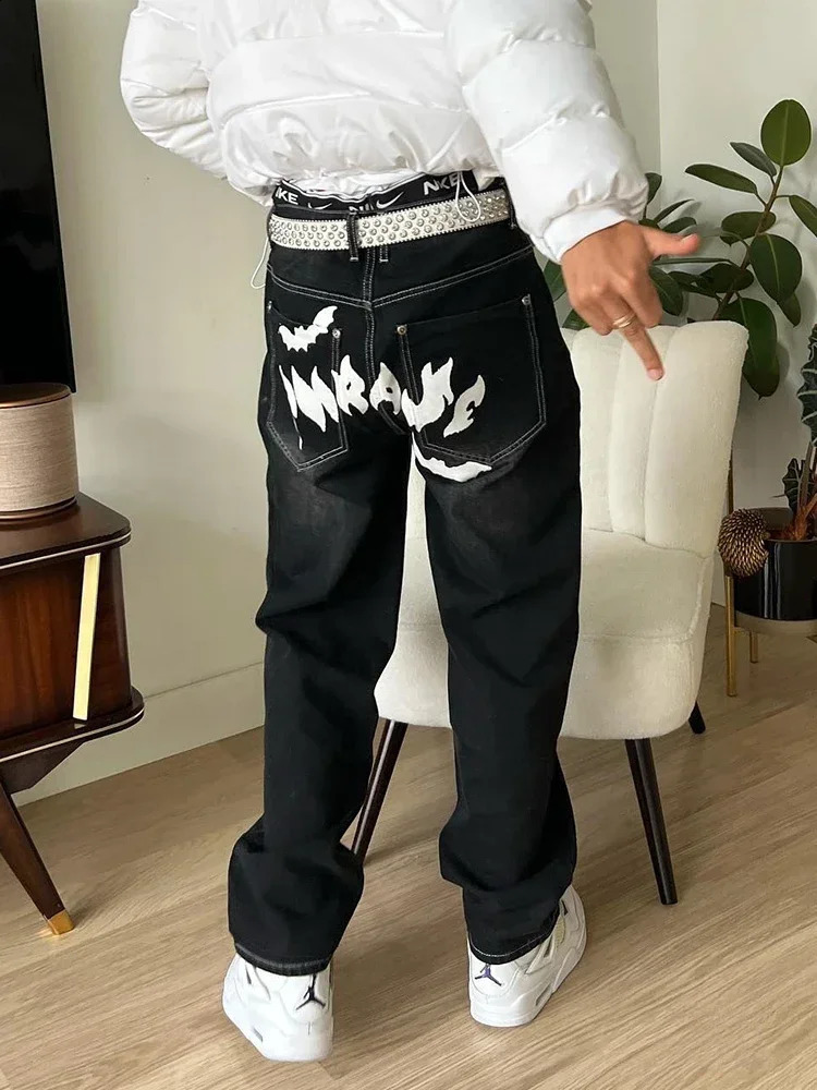 Mens Jeans Y2K Bat Pattern Printed Retro Hip Hop Harajuku Casual Loose Couple Straight Clown High Waist Cowboy Trojan Horse 240819