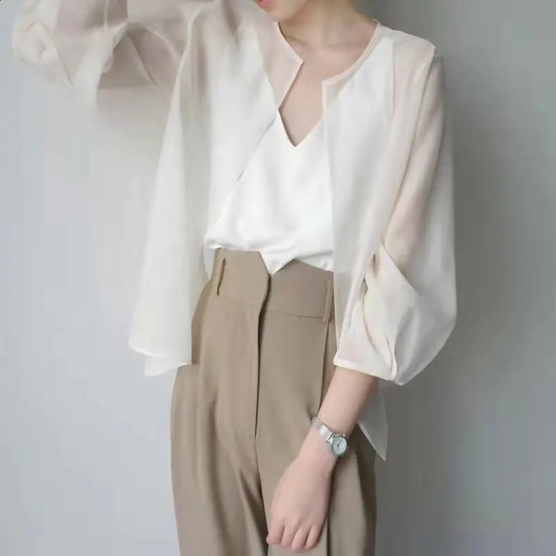 Women Summer Sun-proof Cardigan Through Fashion Sunscreen Thin Shawl Perspective Long Sleeve Blouse Chiffon Organza Coat 240820