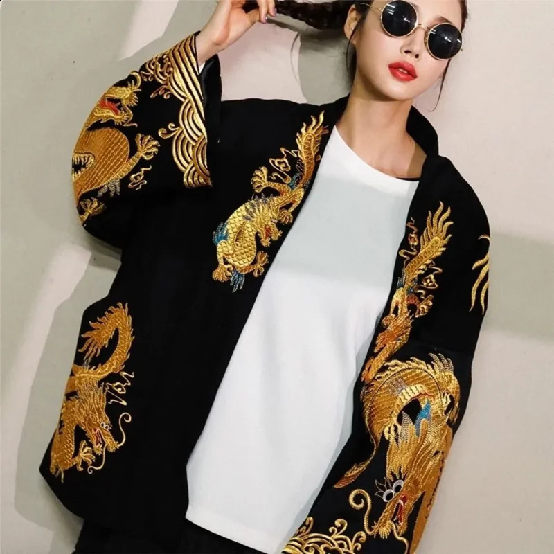 Spring Autumn Printing Dragon Coat Women Fashion Loose National Wind Black Cardigan Jacket Embroidery Outerwear Female 240819