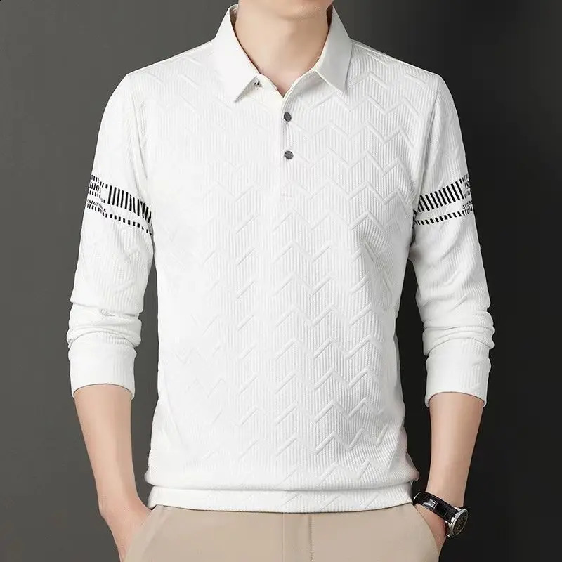 Korean Simple Autumn Casual Mens Polo Shirt Solid Print Lapel Button Jacquard Fashion Loose Trend Versatile Long Sleeve Top 240820