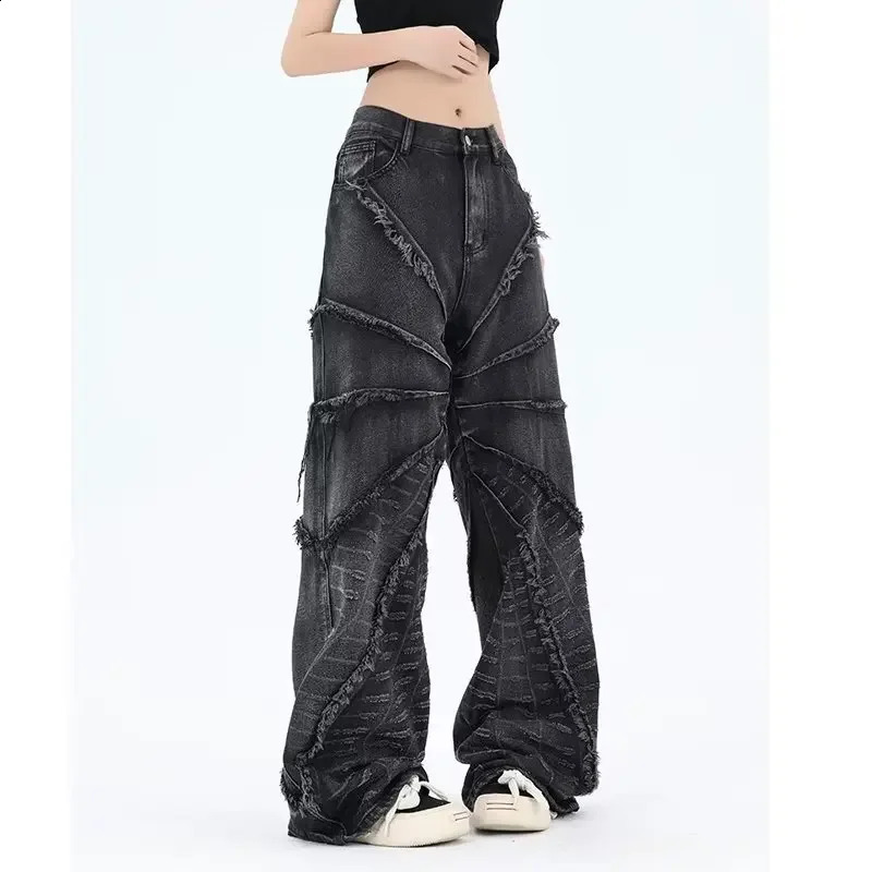 American Style High Street Fringe Jeans For Men Women Loose Fit Destructive Spider Web Casual Fashion Trousers 240814
