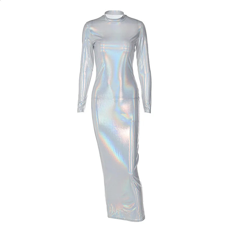 Pu Faux Leather Long Sleeve Reflective Elegant Sexy Bodycon Maxi Dress Winter Women Birthday Party Y2K Christmas 240819