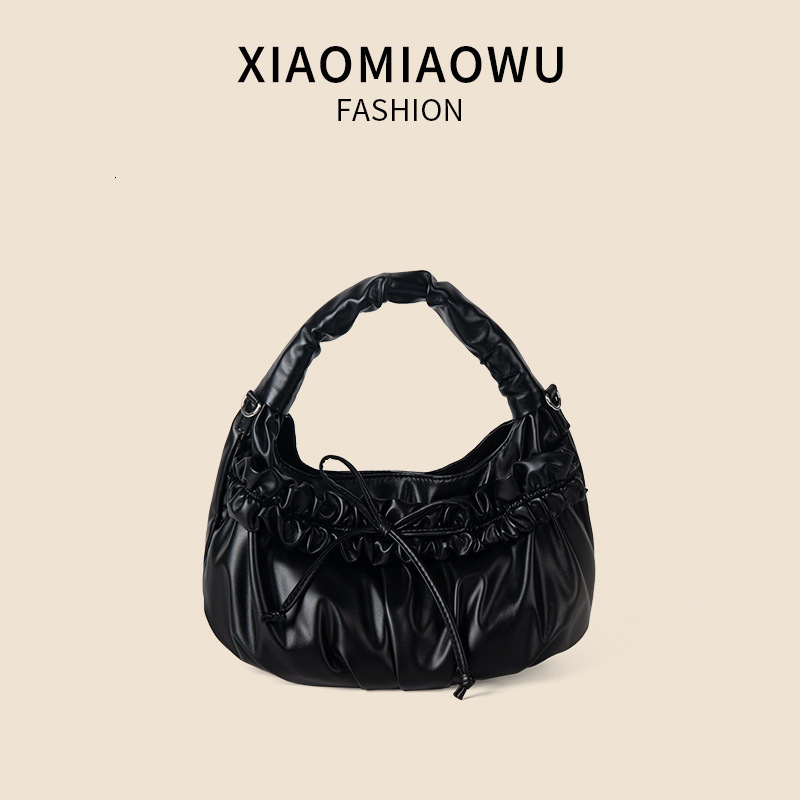 Small niche pleated high-end work handbag, bow PU summer shoulder crossbody bag, women's versatile bag