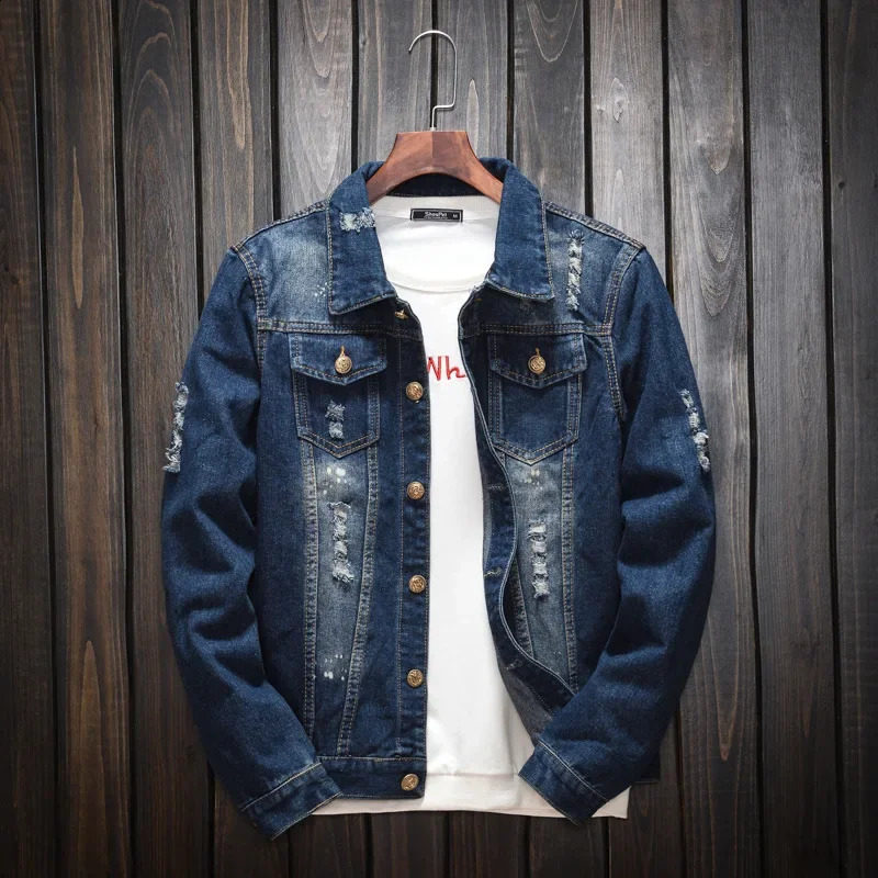 Jacket Men Blue Jeans Coat Clothing Hole Plus Size Denim Spring Autumn Young Casual Hippie Clothes Distressed Jackets 240819