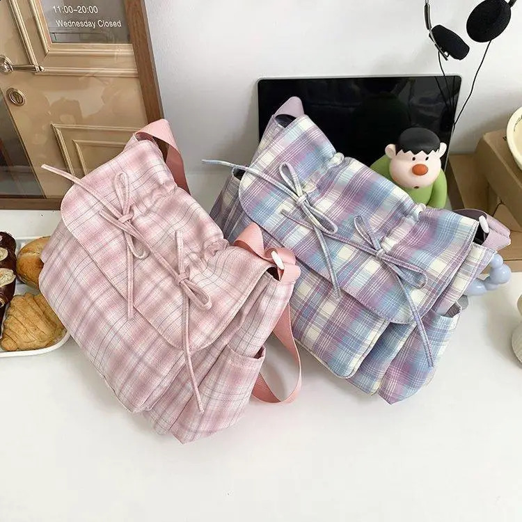 Ballet Style Sweet Bow Bag Womens Large-capacity Bag Leisure Plaid Messenger Bag One-shoulder Tote Bag 240819