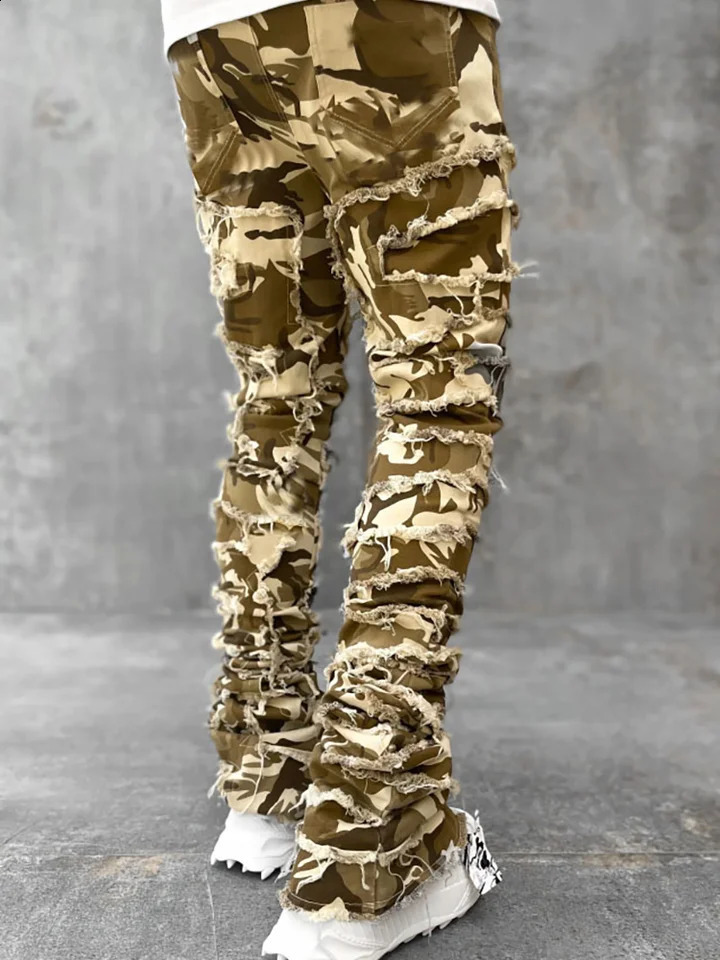 European Camo Pants Men High Street Slim Fit Stretch Patched Denim Ripped Males Stacked Jeans 240819
