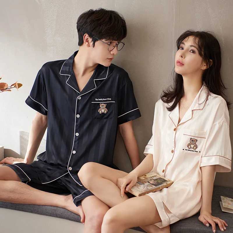 Satin sleepwear womens short sleeved sleepwear mens soft silk button down jacket Pjs short sleeved setW240719