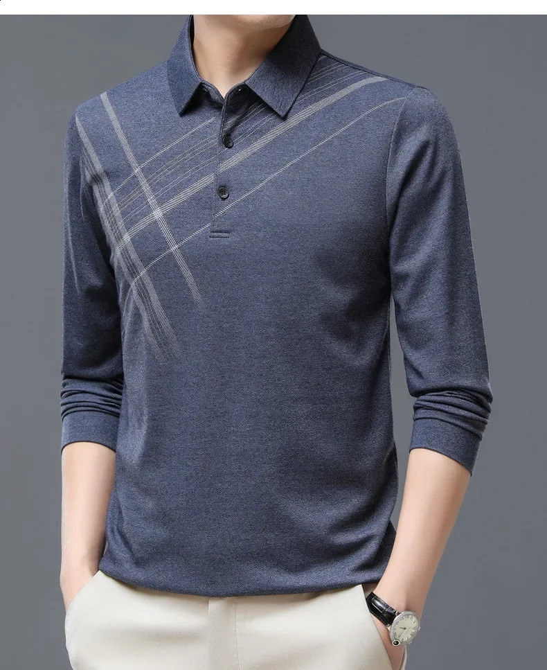 Long Sleeve Tees for Men Smart Casual Polo Shirts Daily Lapel Fashion Printed T-shirt Spring and Autumn Middle Age Male Tops 240820