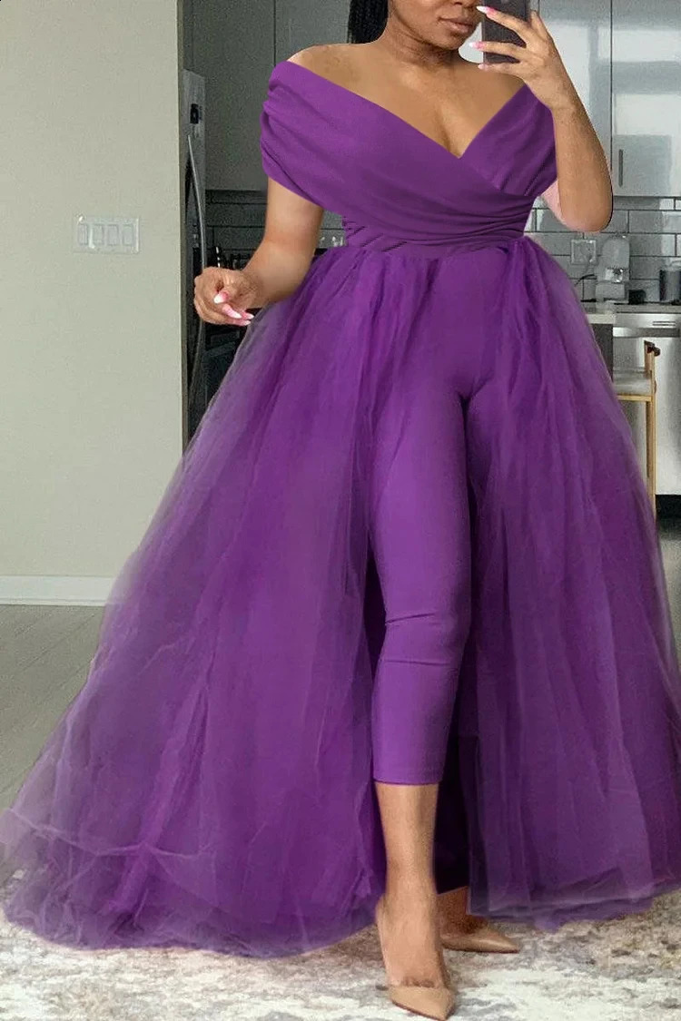 Plus Size Formal Casual One Piece Outfit Solid Off The Shoulder V Neck Tulle Jumpsuit With Tulle Skirts 240819