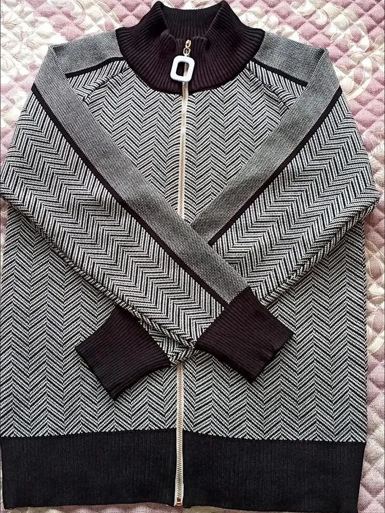 Winter Fall Stripe 2 Piece Sets Stand Collar Warm Cardigan Tracksuit High Waist Harem Pant Suits Knit Soft Korean Conjuntos 240819