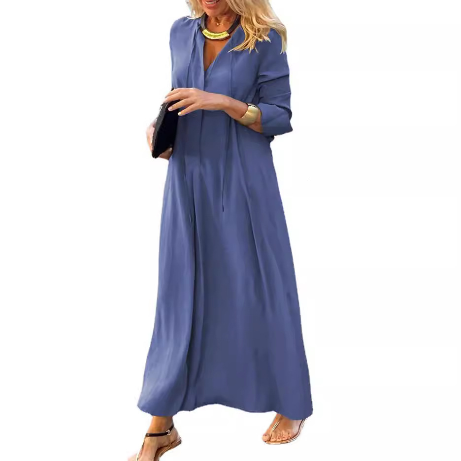 New Large Skirt Solid Color Lapel Long Sleeved Simple Casual Long Shirt Dress