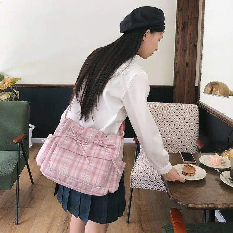 Ballet Style Sweet Bow Bag Womens Large-capacity Bag Leisure Plaid Messenger Bag One-shoulder Tote Bag 240819