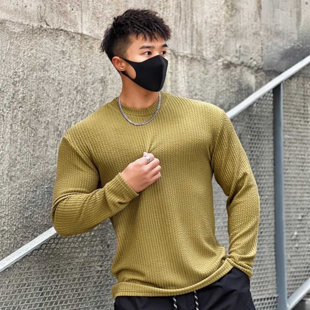 Autumn Winter Casual T-shirt Men Long Sleeves Solid Shirt Gym Fitness Bodybuilding Tees Tops Male Fashion Slim Stripes ClothingXJ240819