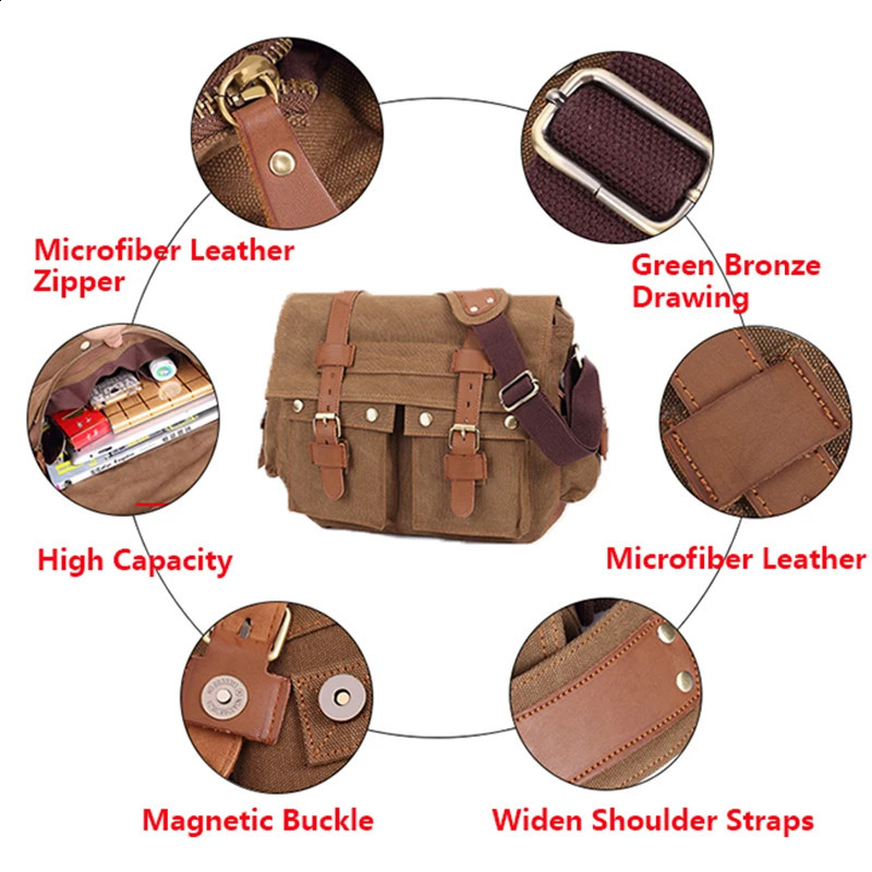 14inch Travel Satchel Business Mens Messenger Bag Vintage Canvas Military Shoulder Laptop Bags for men Male Laptop Briefcases 240819