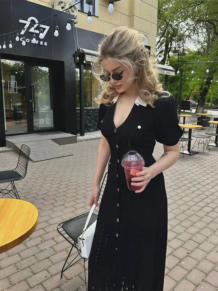 Red and black hollow womens knitted long skirt elegant comparison single chest lapel short sleeved Maxi dress streetwear 240819