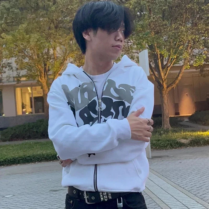 Euramerican Street Y2k Letter Printing Zipper Hoodie Man Oversized Cotton Loose Multiple Colors Hip-hop Trend Couple Sweatshirt 240819