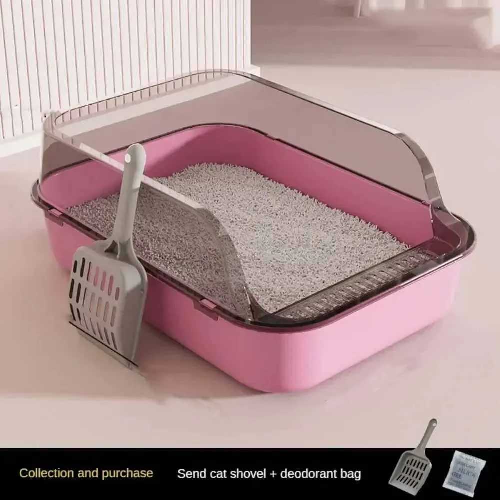 Semi Enclosed High Side Cat Litter Box Splashproof Plastic Kitty Toilet with Scoop 2024 Pet Supplies