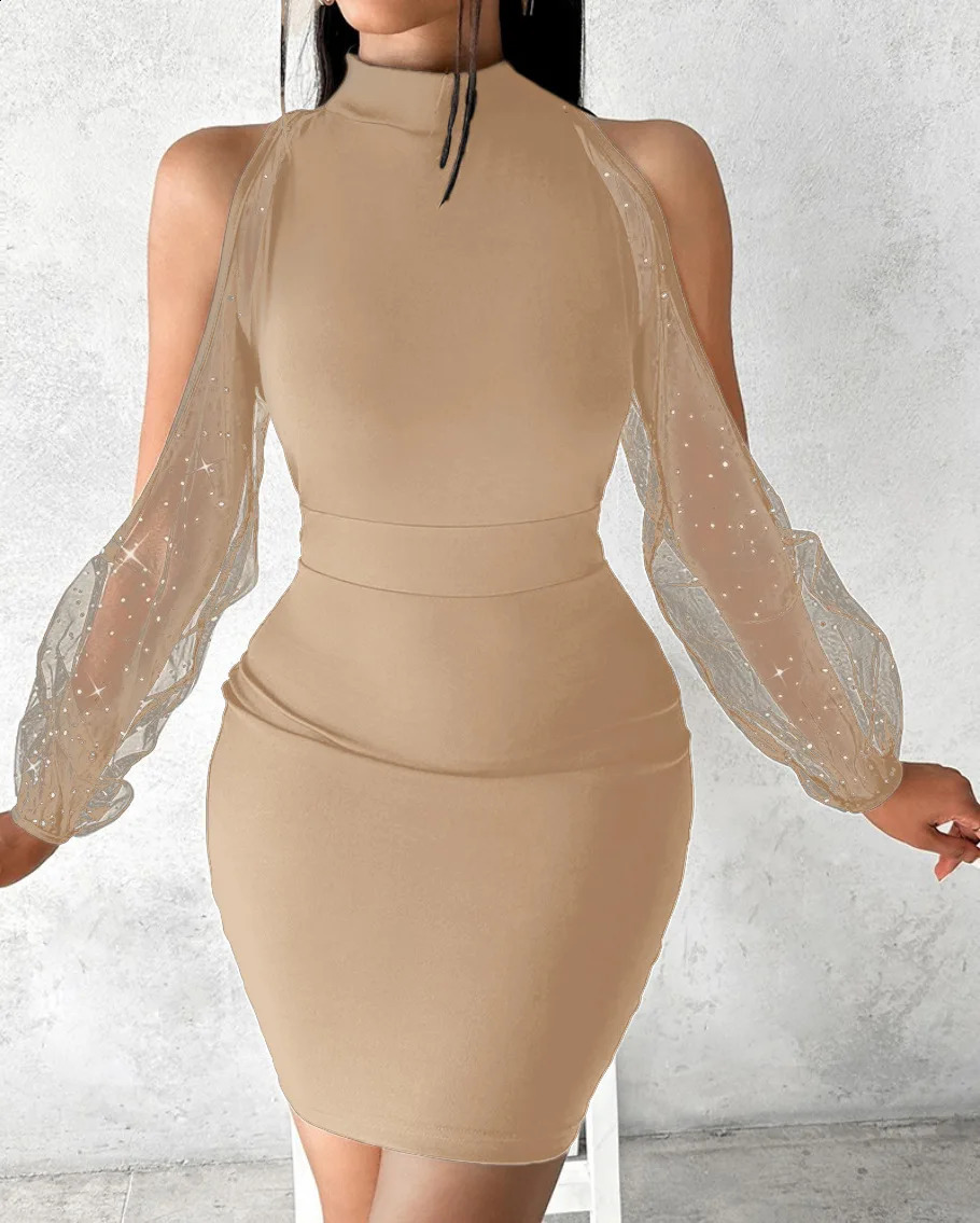 Autumn/Winter Dress Womens Round Neck Lace Long Sleeved Sexy Slim Fit Wrapped Hip Waist Dresses For Women Vestidos Para Mujer 240819