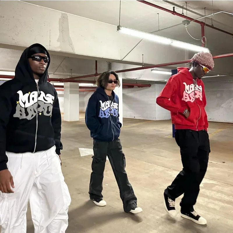 Euramerican Street Y2k Letter Printing Zipper Hoodie Man Oversized Cotton Loose Multiple Colors Hip-hop Trend Couple Sweatshirt 240819