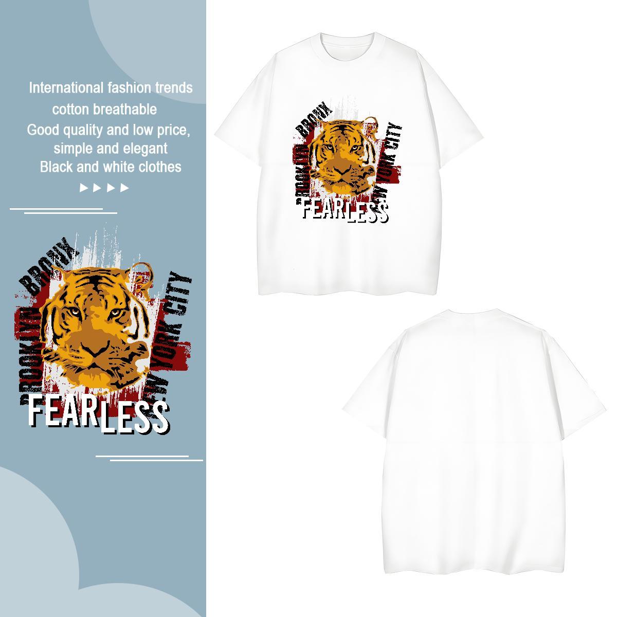Classic T shirt tiger O Neck Short Sleeves Anime Printing Street Oversized 100% Cotton 230g Men Tshirts 2024 New Tees