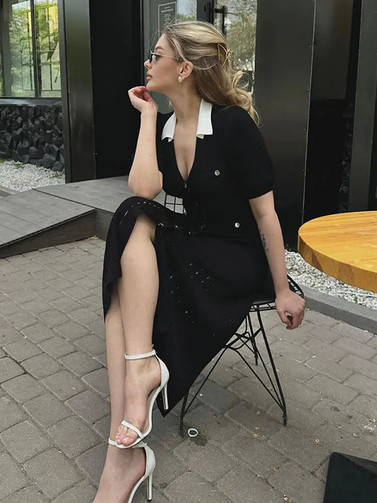Red and black hollow womens knitted long skirt elegant comparison single chest lapel short sleeved Maxi dress streetwear 240819