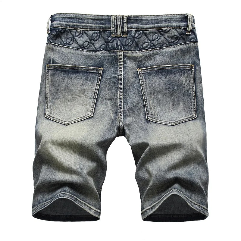 Multi pocket zipper retro mens jeans summer denim shorts stretch straight casual gray blue 240819