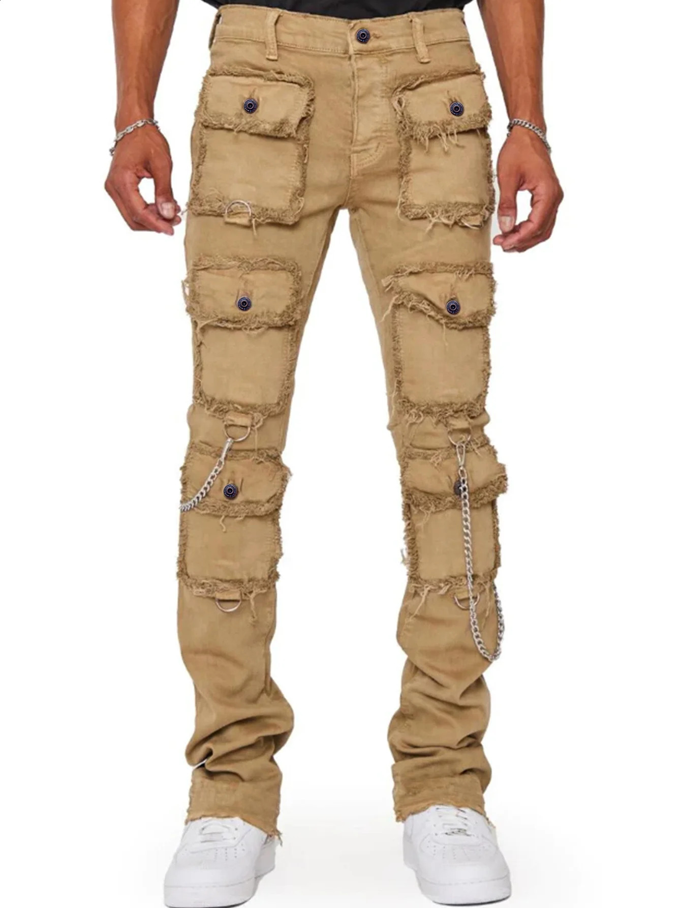 European Mens Cargo Jeans Stretchy Straight Leg Baggy Trousers Slim Fit Chain Patchworks Denim Bottoms 240819