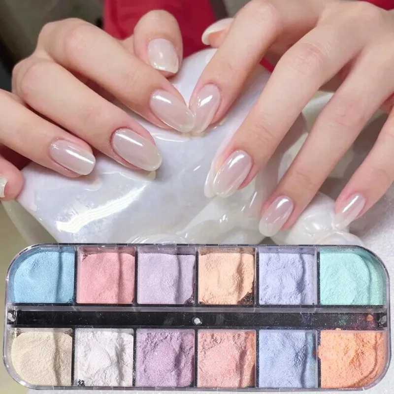 12 Colors Aurora Powder Nail Glitter Pigment Mirror White Iridescent Fairy Fine Chrome Reflective Rubbing On Dust Manicure DecorXJ240815