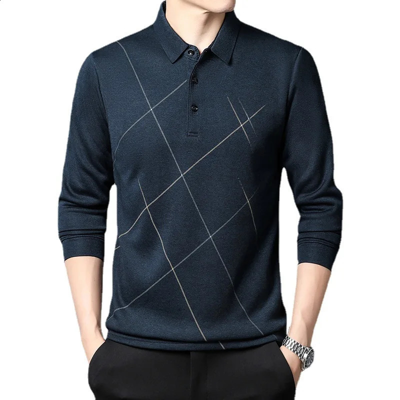 Business Office Casual Striped Solid Color Shirt Male Clothes Spring Autumn Loose All-match Mens Long Sleeve Polo-Neck Shirts 240820
