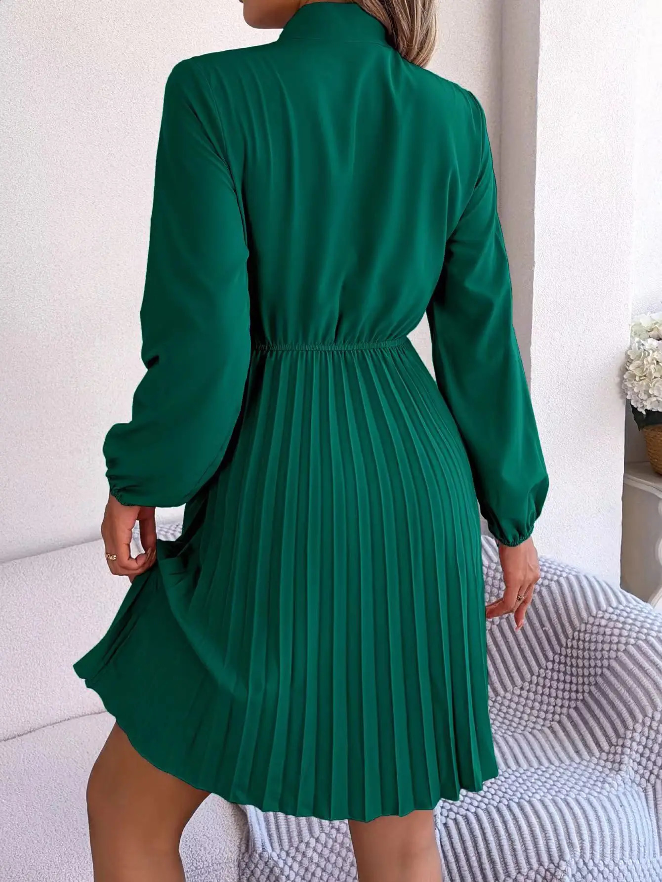 Womens Dresses in Spring Summer Autumn Winter Fashion Pure Color Lace Up Long Sleeve Elastic Waist Party Pleated 240819