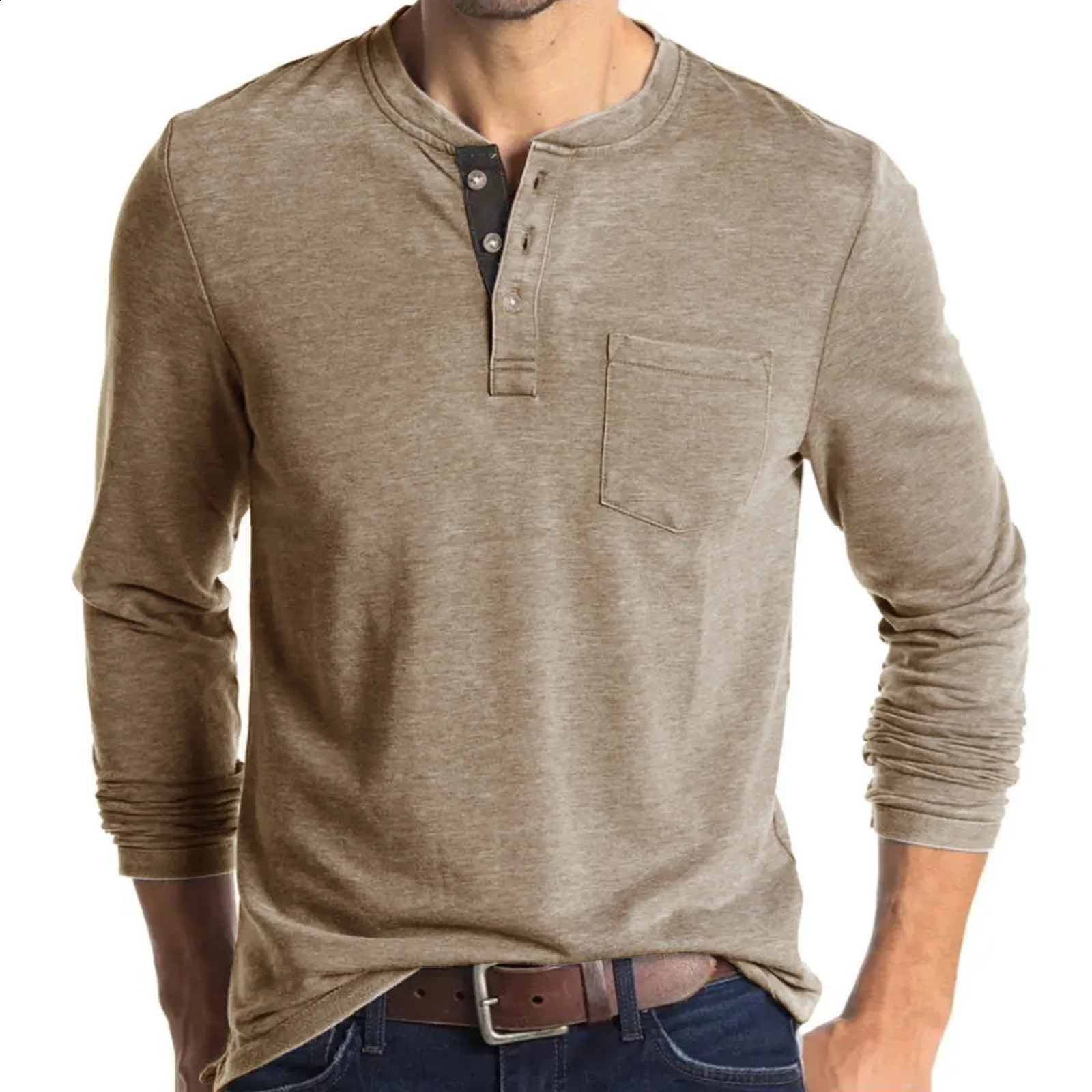 Mens Round Collar Long Sleeved T-shirts Solid Casual Top Single Breasted Pocket TShirt Soft Comfy Bottoming Shirt for Spring 240820