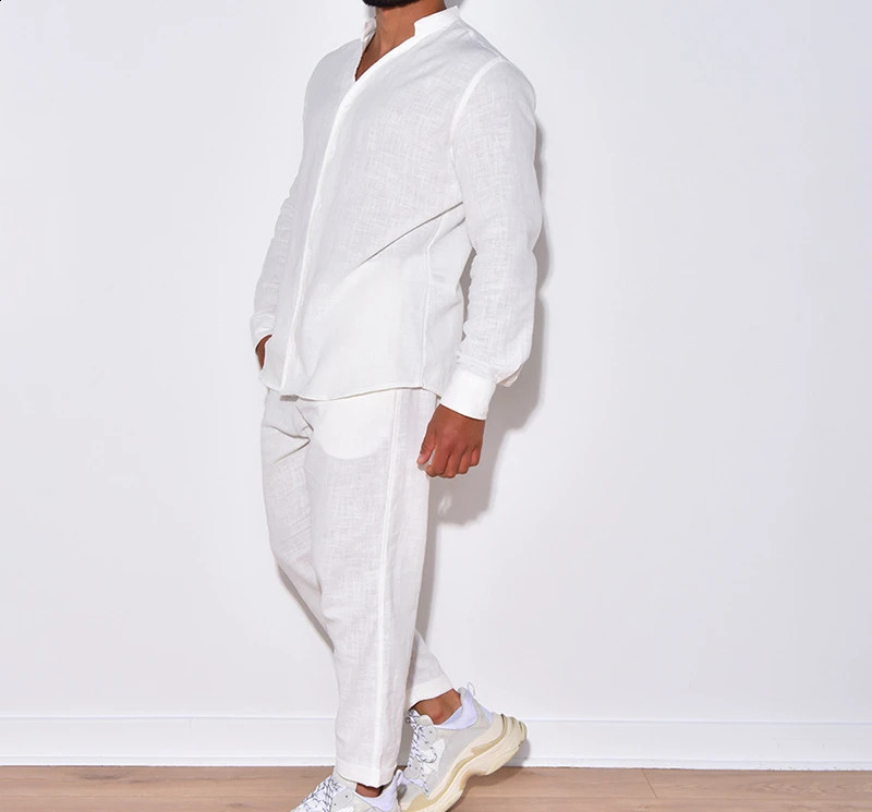 Autumn and Winter White Shirts Pants for Mens Suit Fashion Versatile Casual Sports Blouse Cargo Trousers Set Clothes 240819