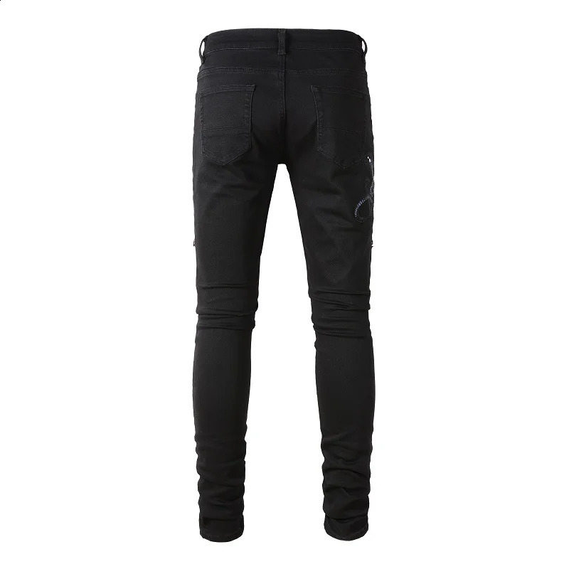 Mens punk embroidered snake decal skin leather perforated jeans street hiphop ner ripped fashion ultrathin black pants 240819