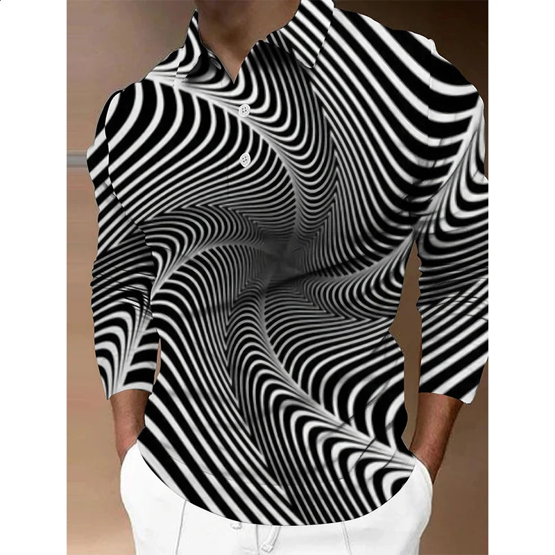 3D Print Optical Illusion Graphic Golf Polo Shirt For Men Oversized Long Sleeve Button Down Polo Shirts Clothing Apparel 240820