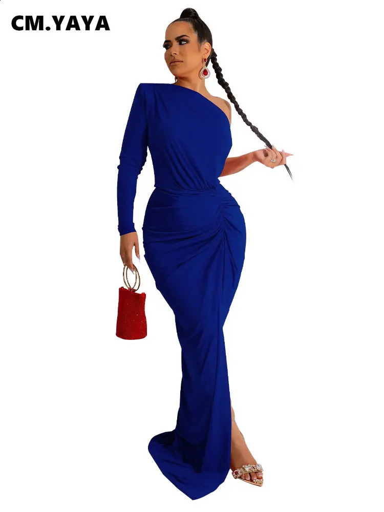 CM.YAYA Sexi Night Dress for Women One Long Sleeve Ruched High Side Split Maxi Long Asymmetical Vestidos De Verano Mujer 240819