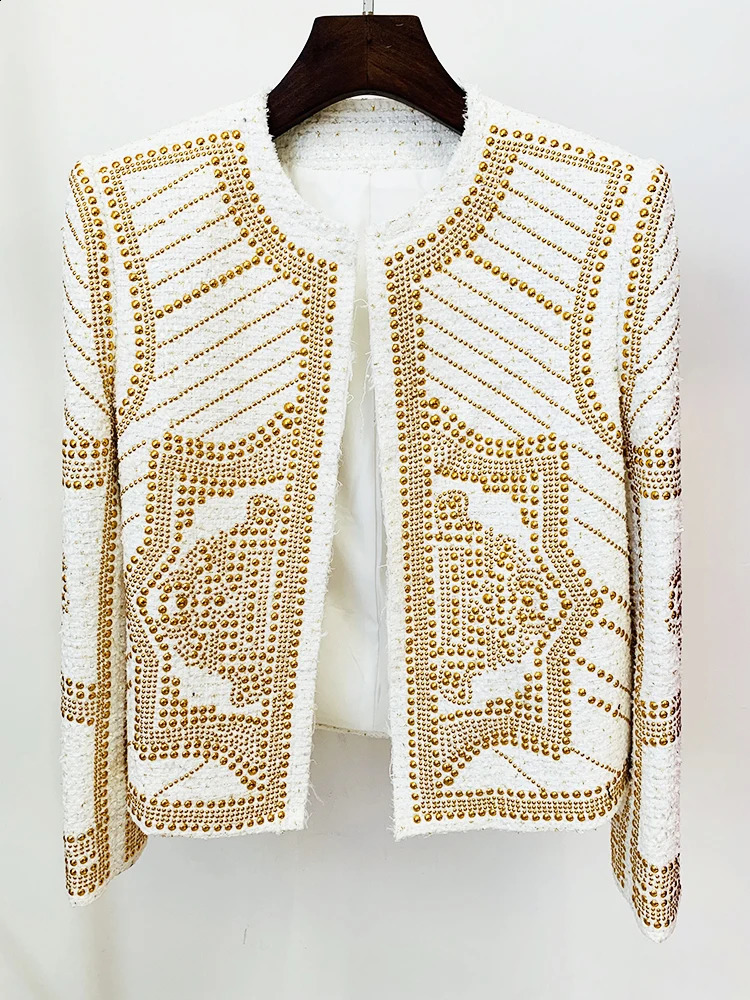 High Streets Latest FW ner Fashionable Womens Amazing Metal Rivet Bead Coarse Floral Jacket 240819