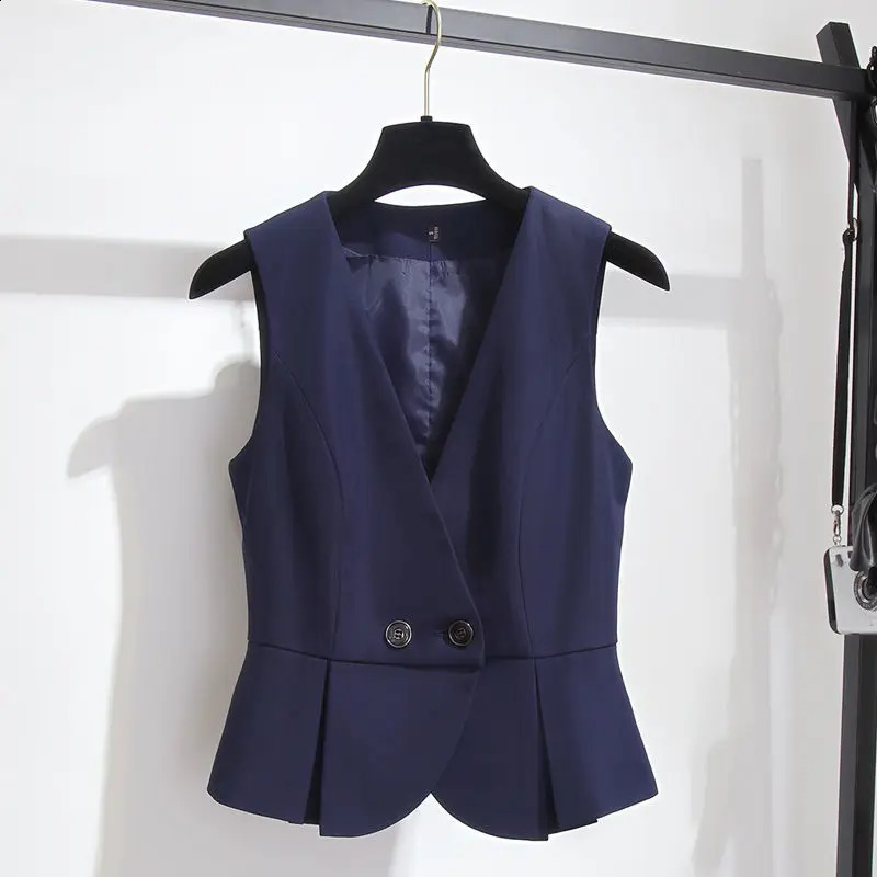 Wxw0733 black blue short sleeved jacket for women Vneck ultrathin office elegant splicing joint sleeveless vest womens double chest 240819