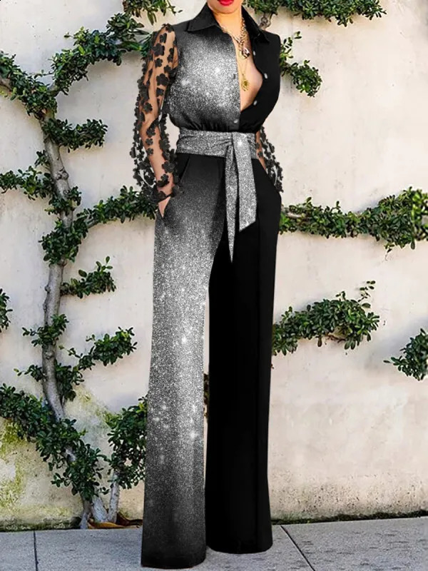 Womens jumpsuit summer fashion spring summer sexy lace panel womens sparkling jumpsuit street womens clothing 240820