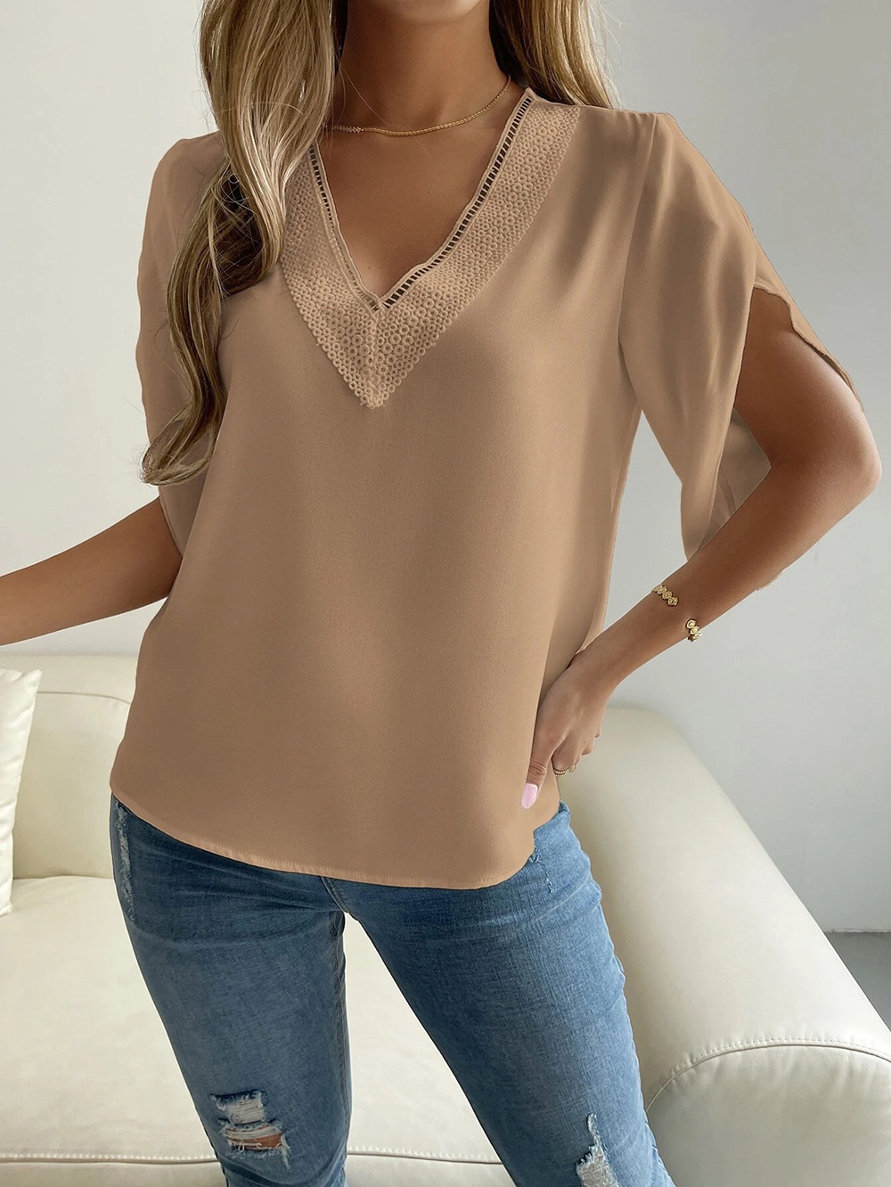 Spring/summer New V-neck Lace Solid Top Temperament Short Sleeve Chiffon Shirt for Women