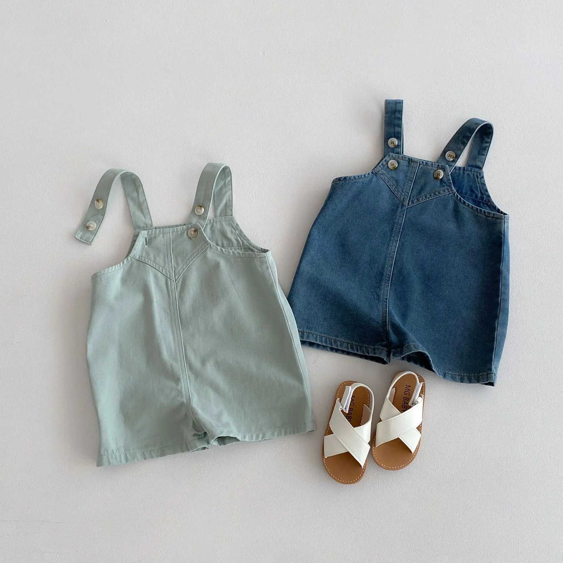 2024 summer new childrens solid set cute girl denim set baby boy with short sleeved childrens jumpsuit toddler clothing W240806