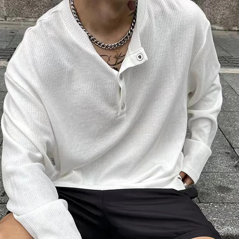 Autumn Winter Pleated Texture Long Sleeve Men T Shirt Buttons Fashion Casual Business Keep Warm 2xl Oversized Pullover Top White 240820