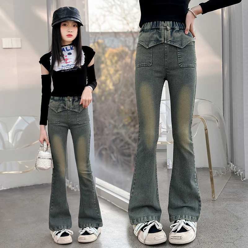 Girls retro triangle denim belly pants suitable for girls older children and children aged 5-14 with elastic belly pantsW240819