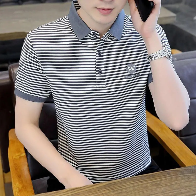 Summer Middle-aged Mens Clothing Slim Short Sleeve Oversized Striped Contrasting Colors Printed Fashion Lapel POLO Shirt 240820