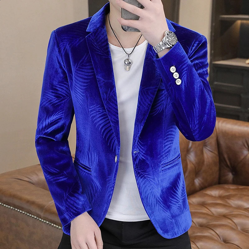 Fashionable mens y gold velvet suit jacket bluekhakipurple trend wedding dance party slim fit dress 240819