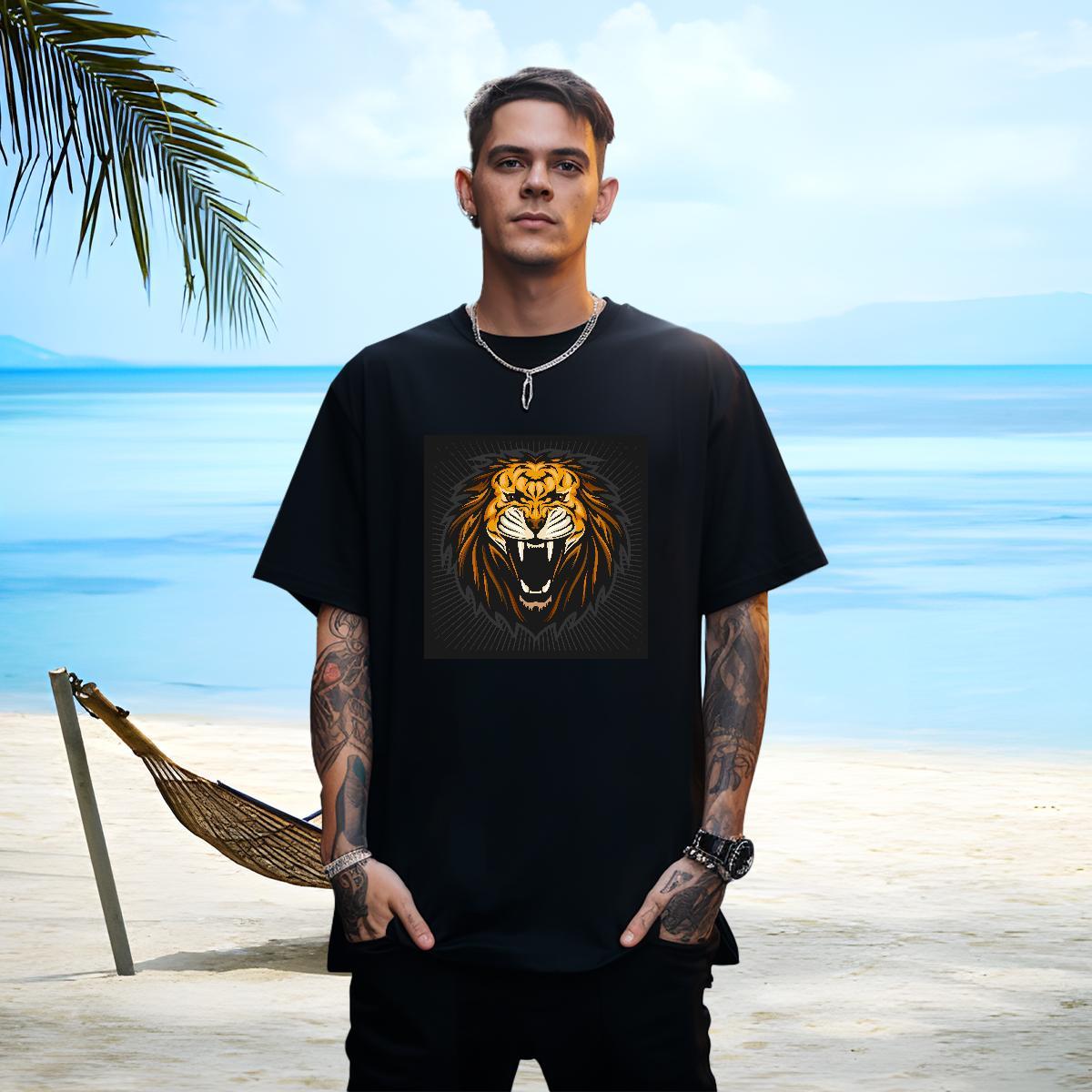High Quality Mens T Shirts lion O Neck Short Sleeves Casual DIY 230g Pure Cotton Men Tshirts Casual New Tops