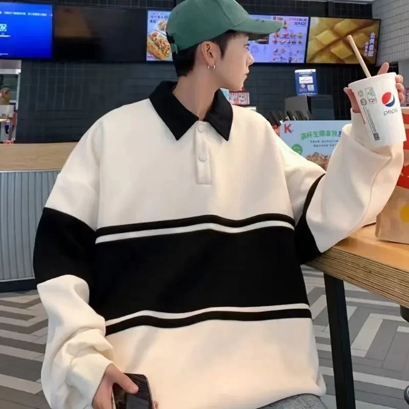 Stripe Polo Sweat Shirt T Man Oversize Top Big Size Sweatshirts Baggy Harajuku Fashion High Quality Japan Quotes Mens Clothing 240819