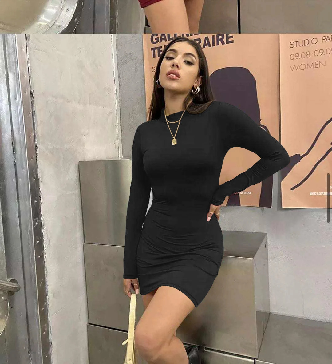 Women Winter Sexy Long Sleeved Dress Elastic Force Slim Mini Dresses 240819