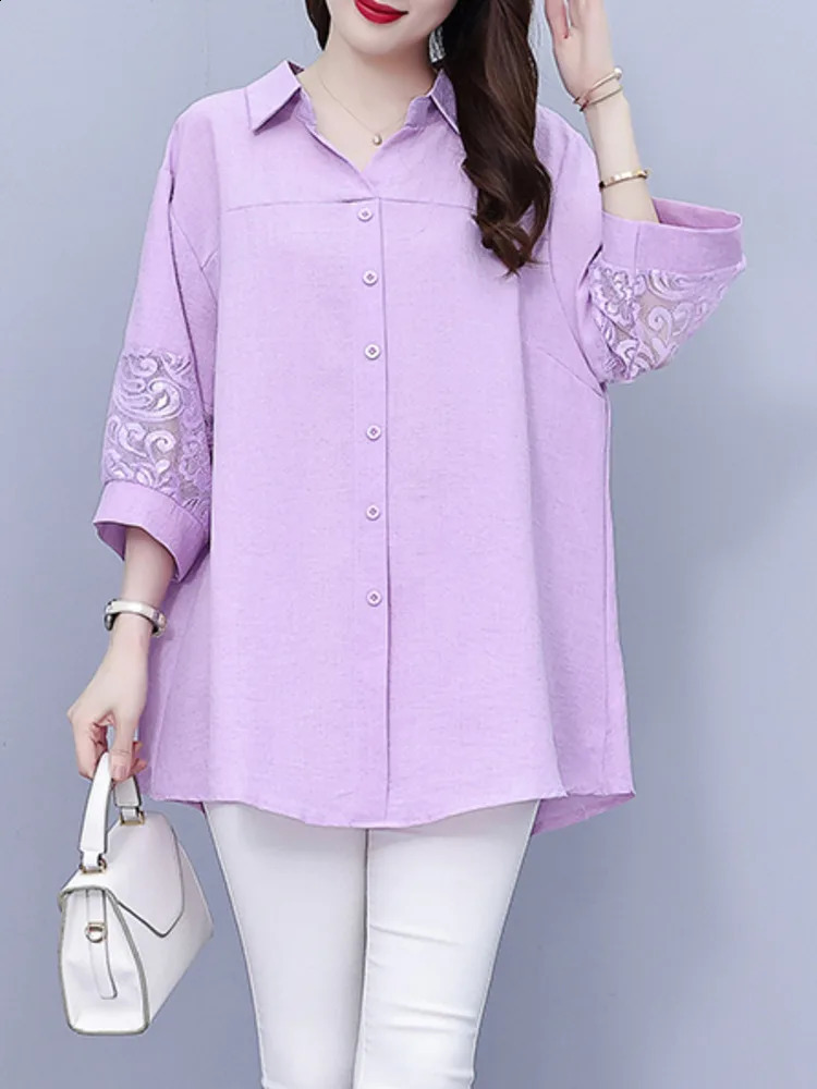 Wxw2824 Pink Blue Office Shirt Womens Half Sleeve Splicing Lace Hollow Joint Top and Collar 240814
