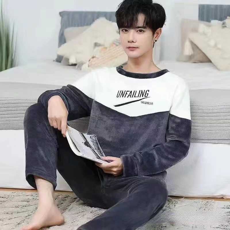 New Mens Pajama Set Thick Warm Flannel Autumn Winter Casual Pajama Home Clothes 2-piece Set Mens Coral Velvet Soft Lounge SetW240719
